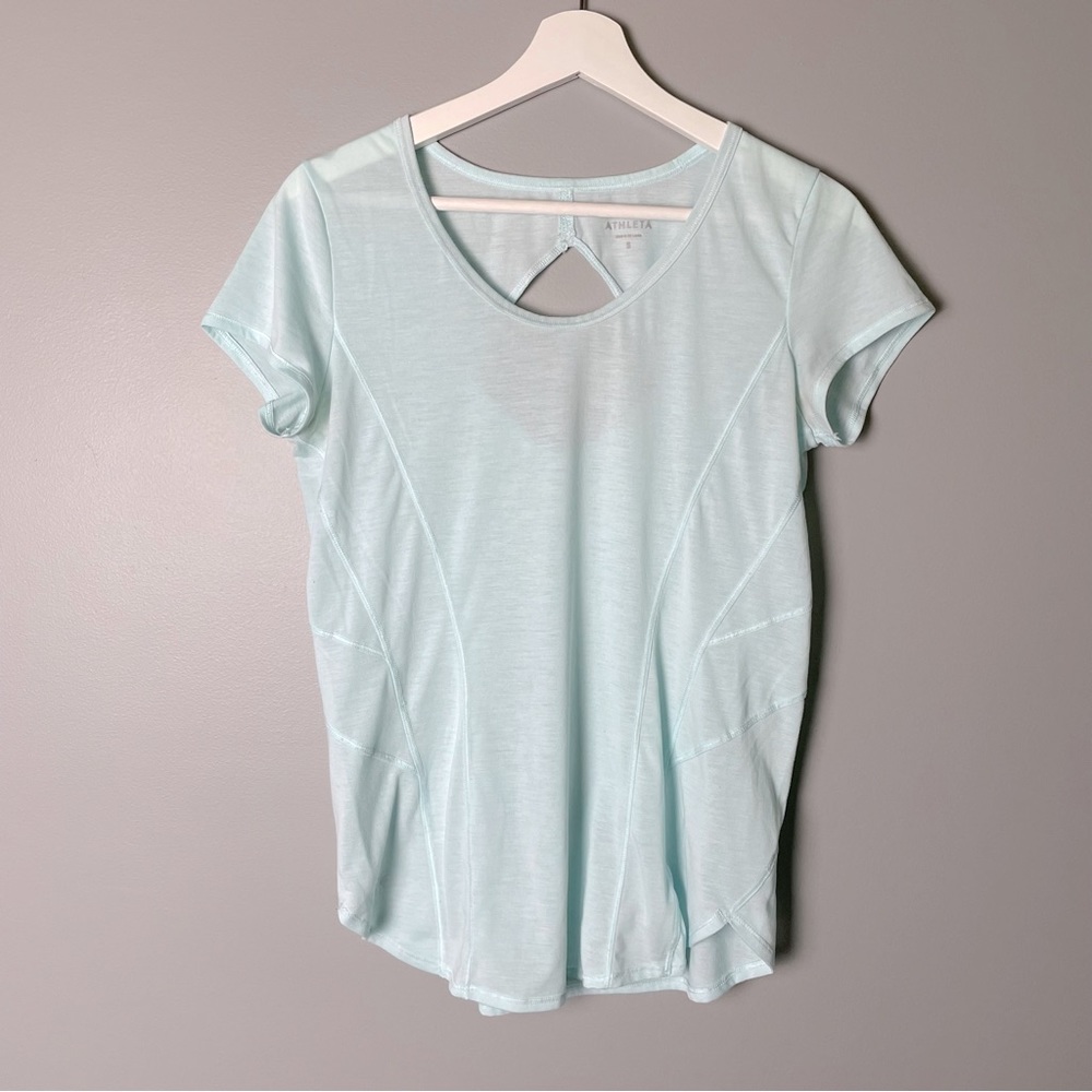 Athleta light aqua blue workout tee with back cutout size small